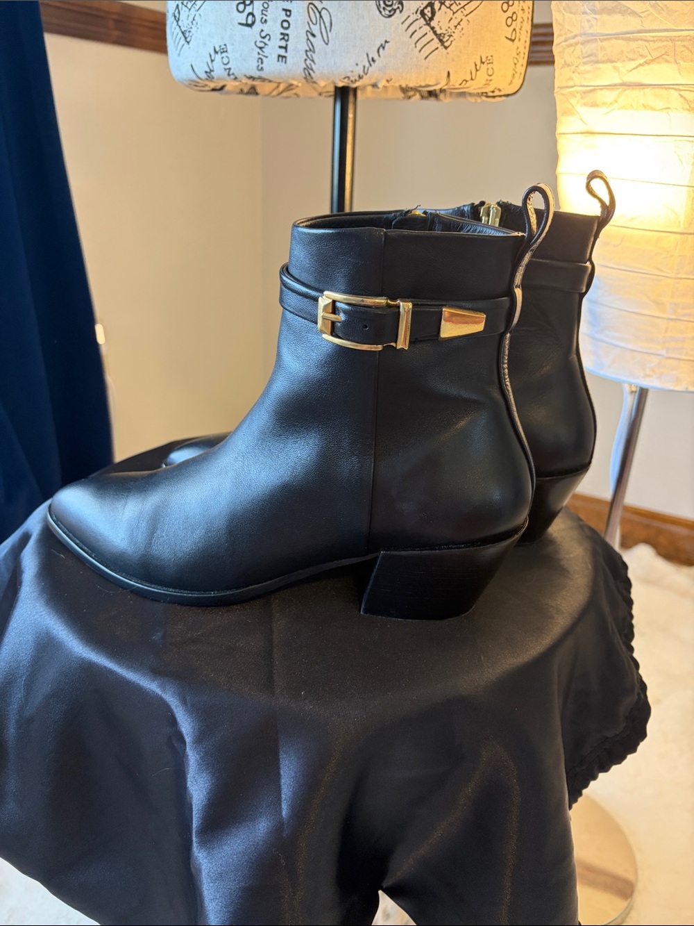 Thursday Boot Company Black Leather Ankle Boots with Gold Buckle